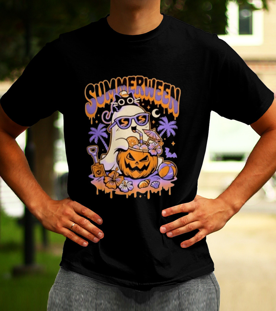 Summerween Cartoon Ghost Sunglasses Drinking Pumpkin Beach Vibes T-Shirt