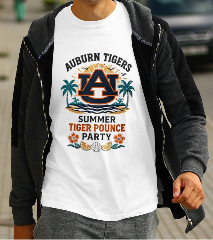 Auburn Tigers Summer Tiger Pounce Party Tropical Beach Scene T-Shirt