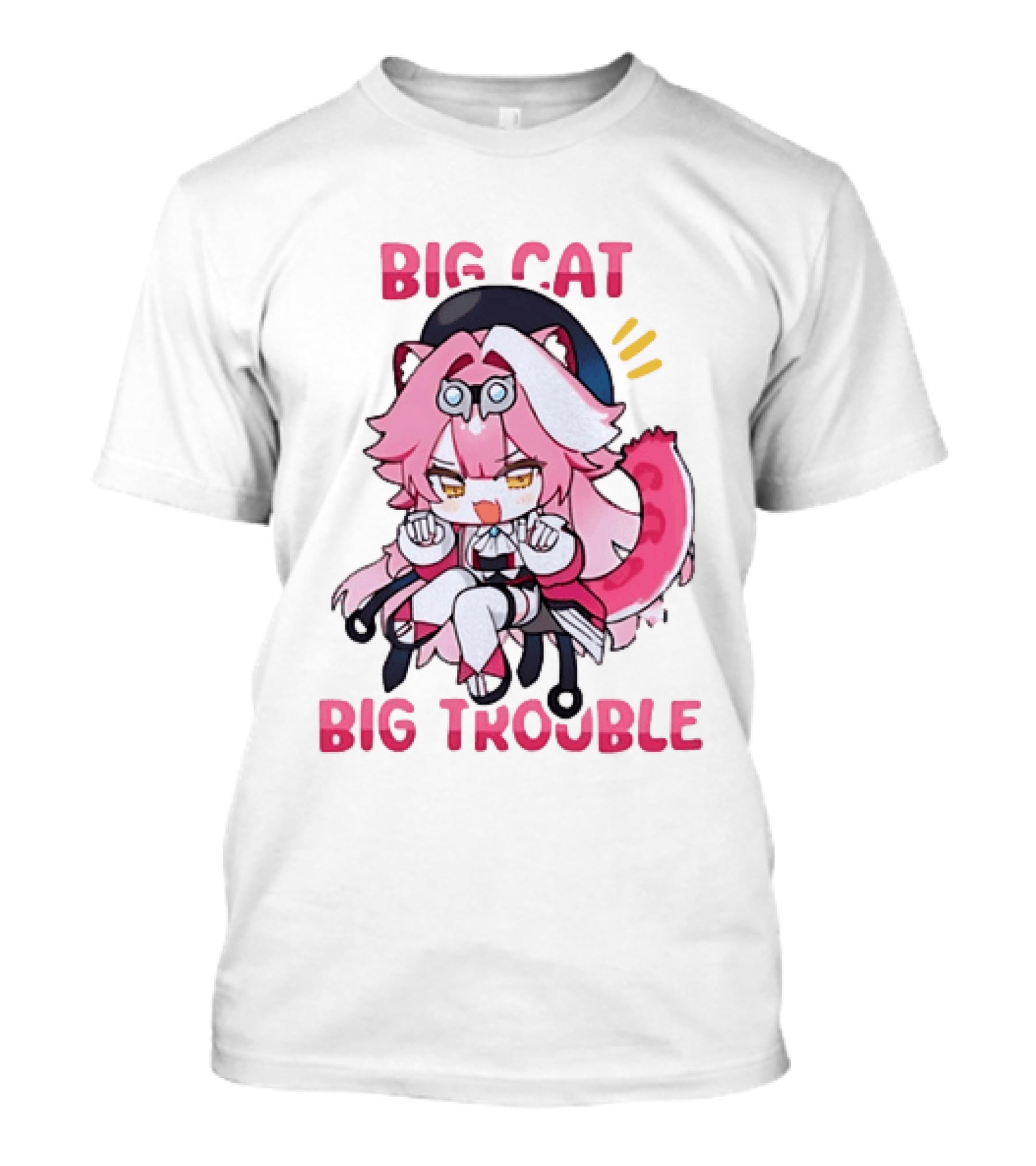 Big Cat Big Trouble Chibi Character With Pink Hair And Tail T-Shirt