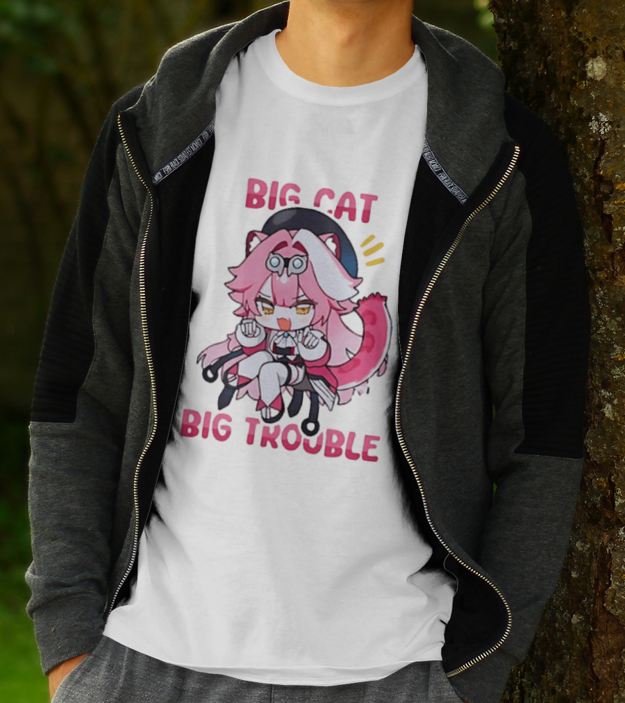 Big Cat Big Trouble Chibi Character With Pink Hair And Tail T-Shirt