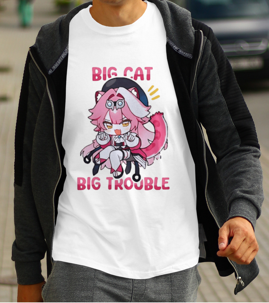 Big Cat Big Trouble Chibi Character With Pink Hair And Tail T-Shirt
