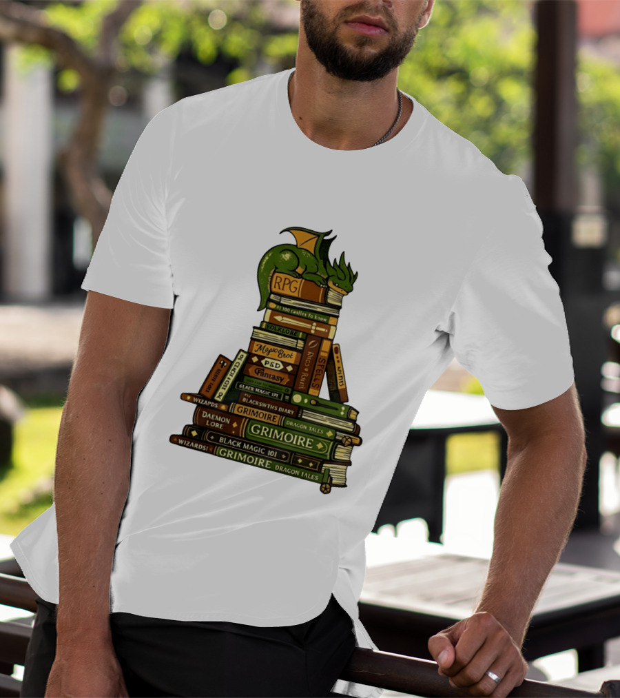 Dragon Resting On RPG Fantasy Grimoire Magic Books Stack T-Shirt