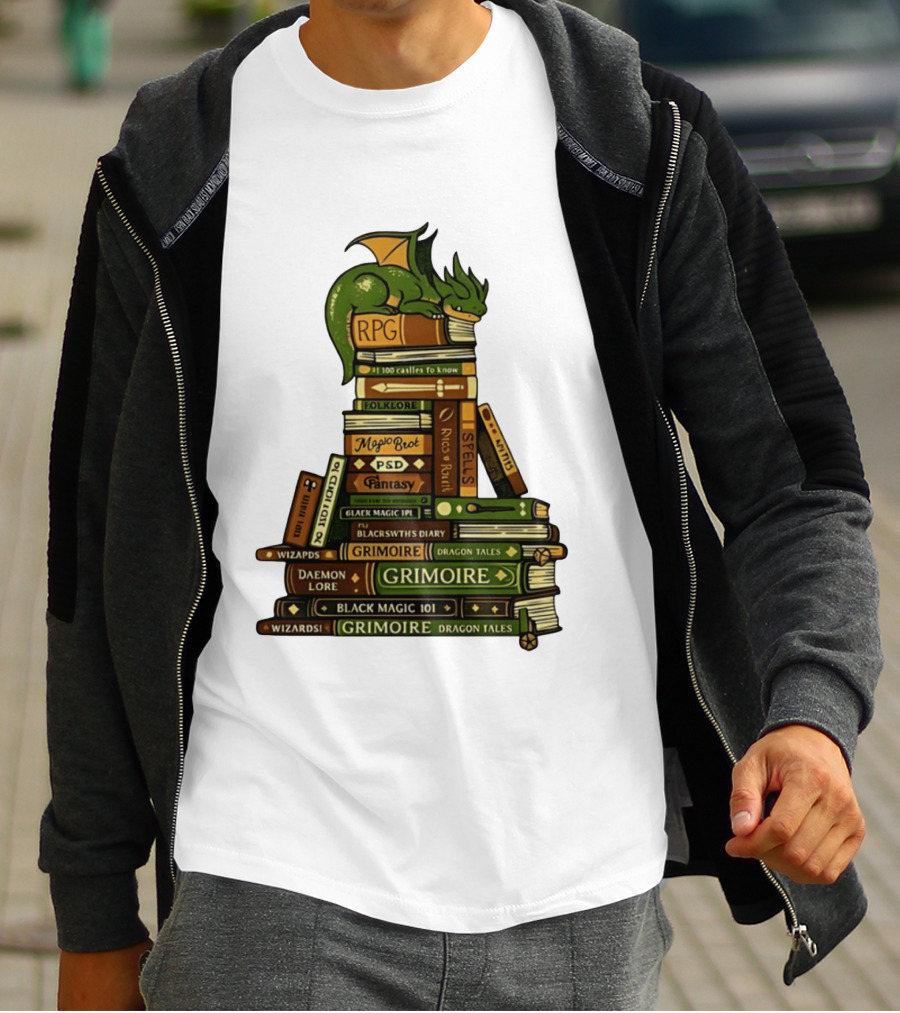 Dragon Resting On RPG Fantasy Grimoire Magic Books Stack T-Shirt