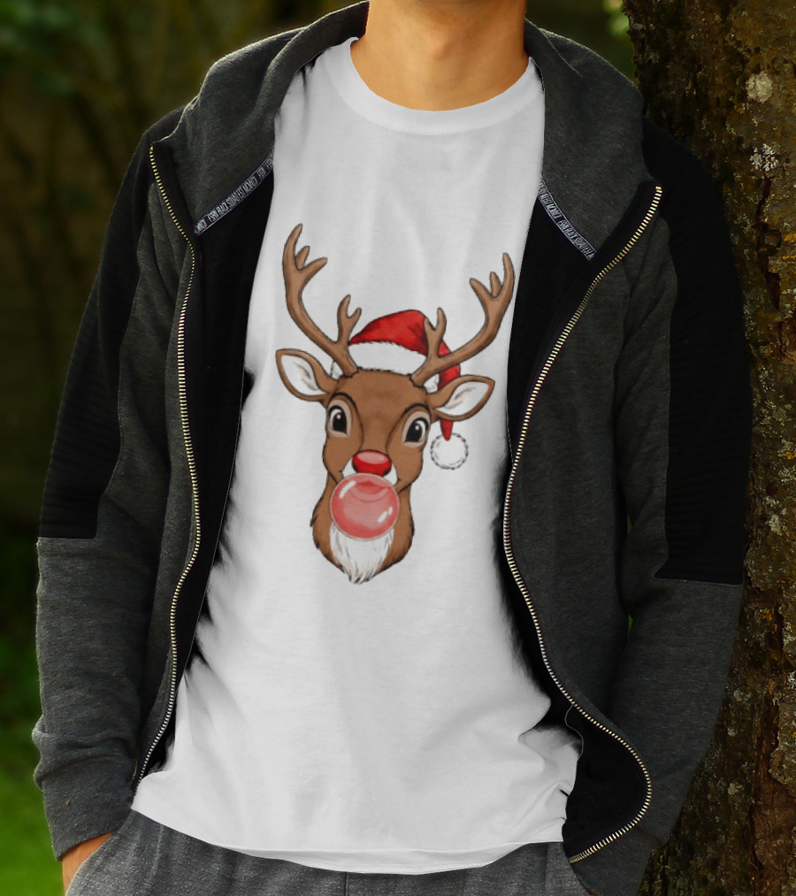 Merry Christmas Reindeer Santa Hat Bubble Gum Red Nose T-Shirt