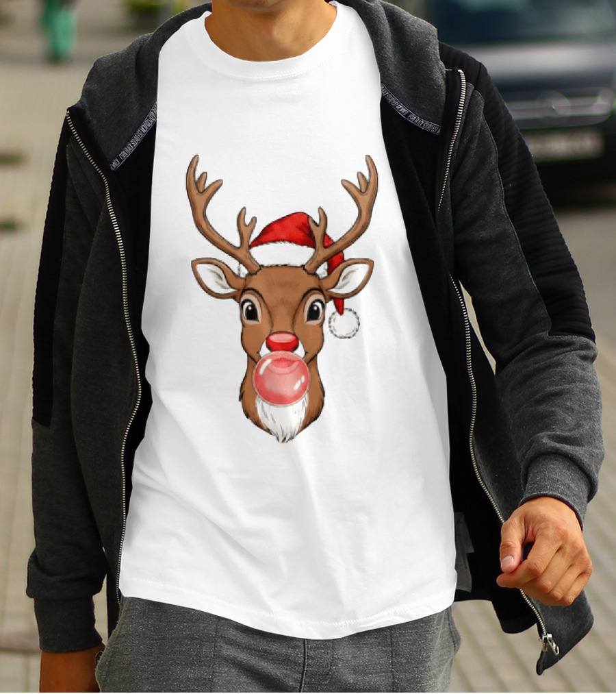 Merry Christmas Reindeer Santa Hat Bubble Gum Red Nose T-Shirt