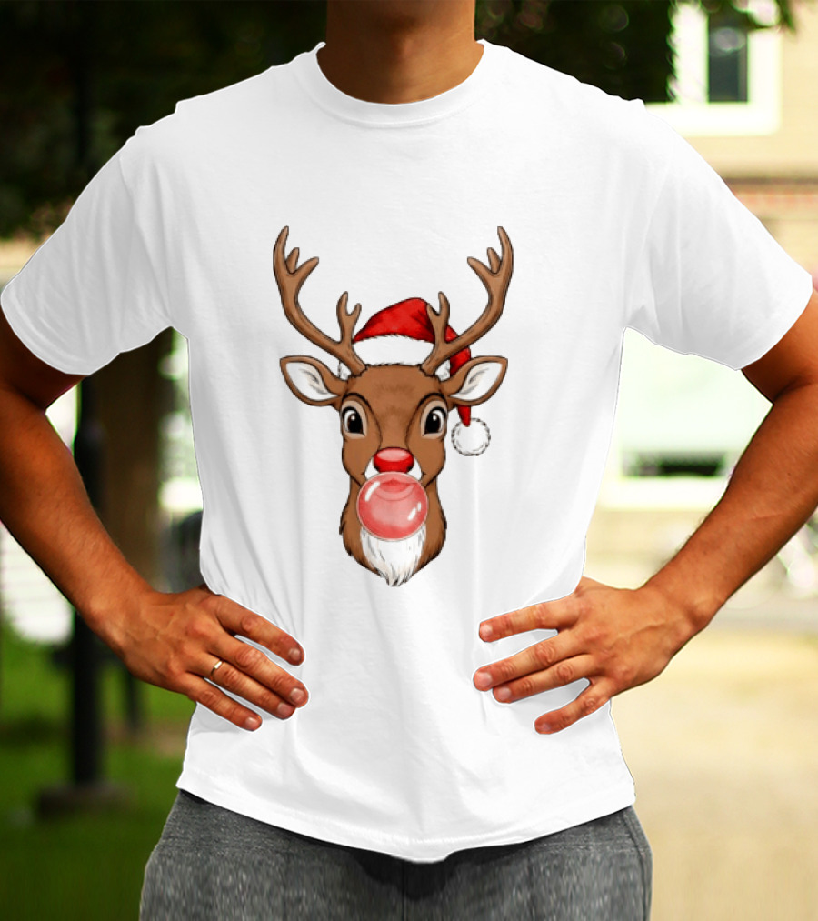 Merry Christmas Reindeer Santa Hat Bubble Gum Red Nose T-Shirt