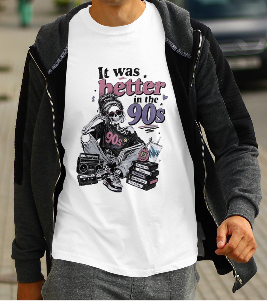 It Was Better In The 90s Skeleton Nostalgia Vibes Cassette Tapes And Books T-Shirt