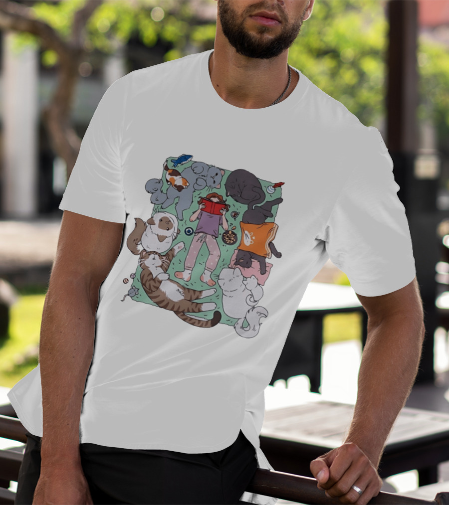 Girl Reading A Book With Cats Around Her Cat Lover T-Shirt