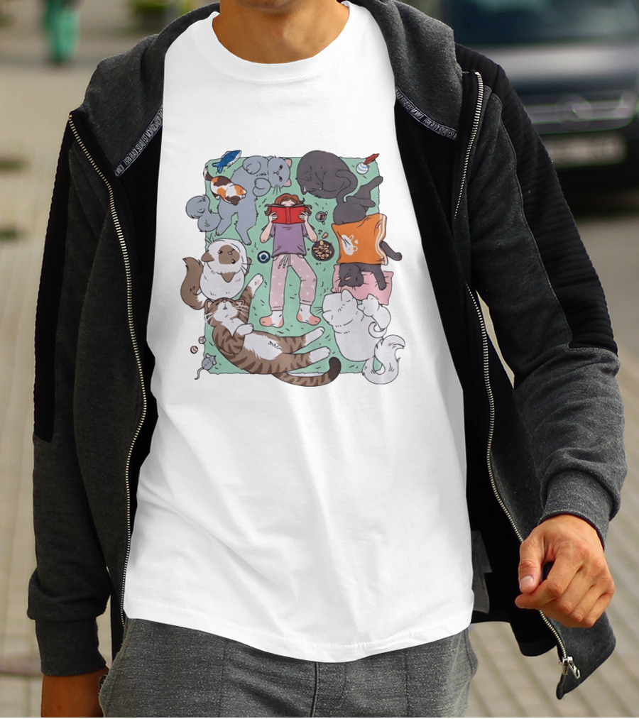 Girl Reading A Book With Cats Around Her Cat Lover T-Shirt