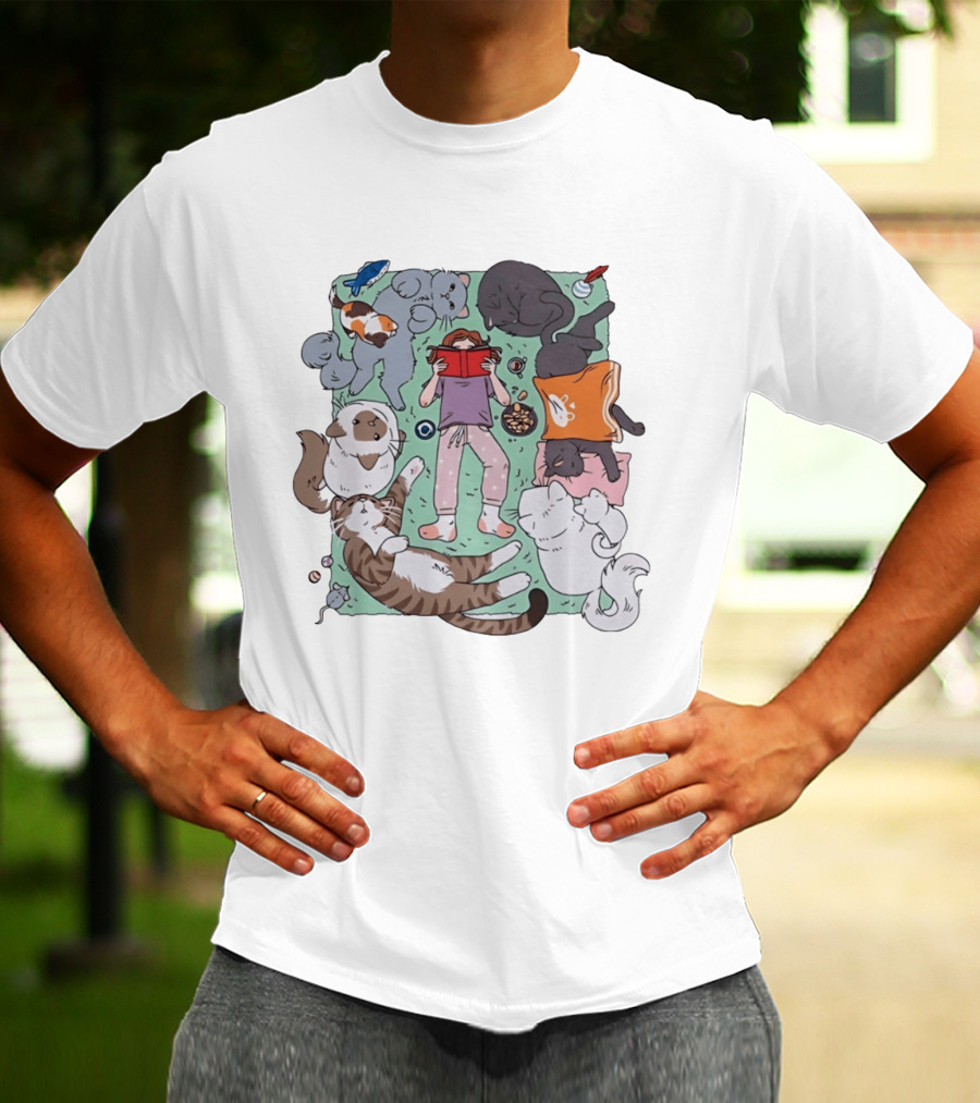 Girl Reading A Book With Cats Around Her Cat Lover T-Shirt