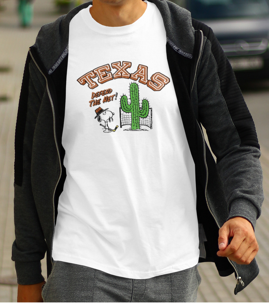 Texas Peanuts Snoopy Defend The Net Hockey Cactus T-Shirt