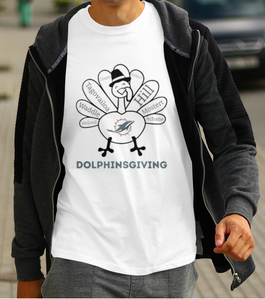 Dolphinsgiving Thanksgiving Miami Dolphins Hill Waddle Tagovailoa Mostert Turkey T-Shirt