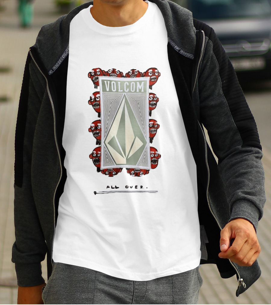 Volcom All Over Streetwear Skateboarding With Red Skull Faces T-Shirt