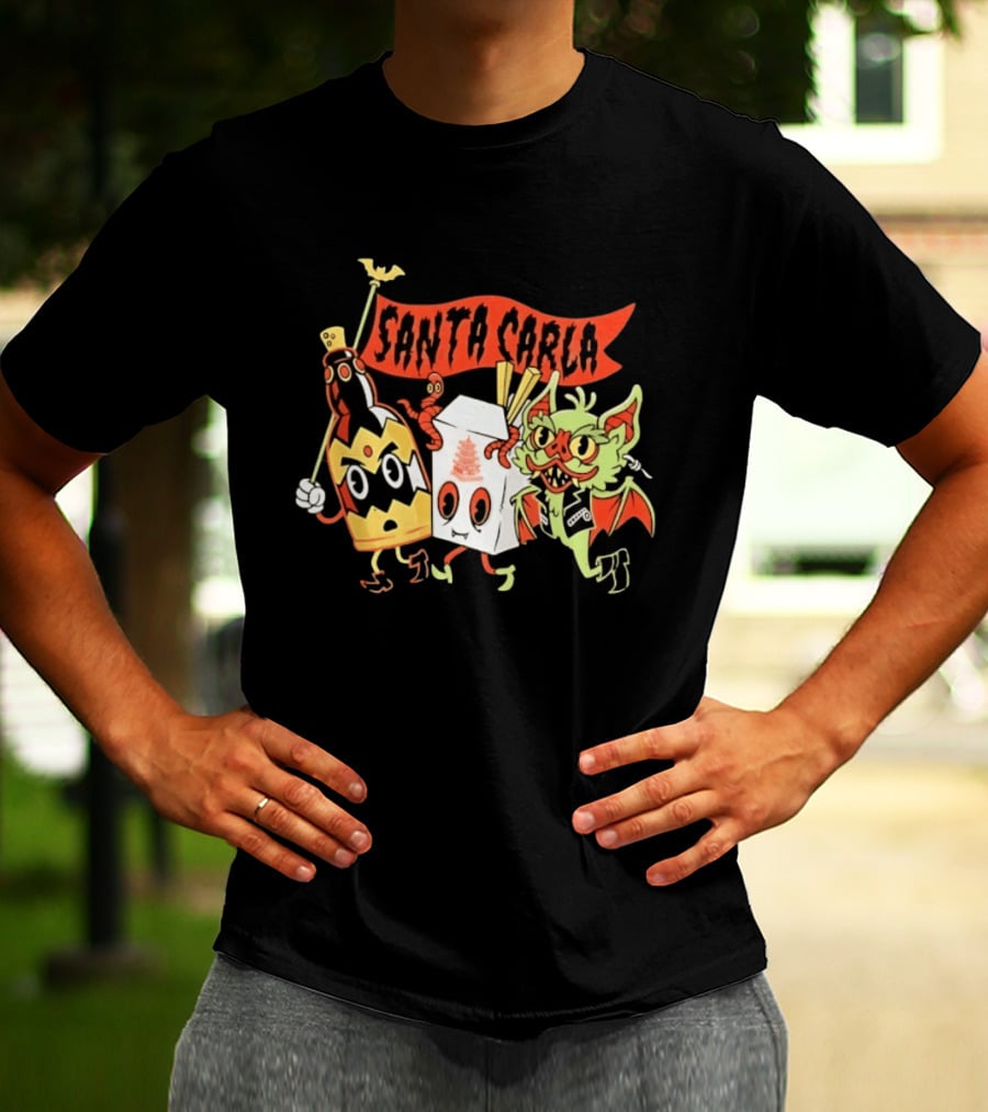 Santa Carla Cartoon Vampire Characters And Food Box With Flag T-Shirt