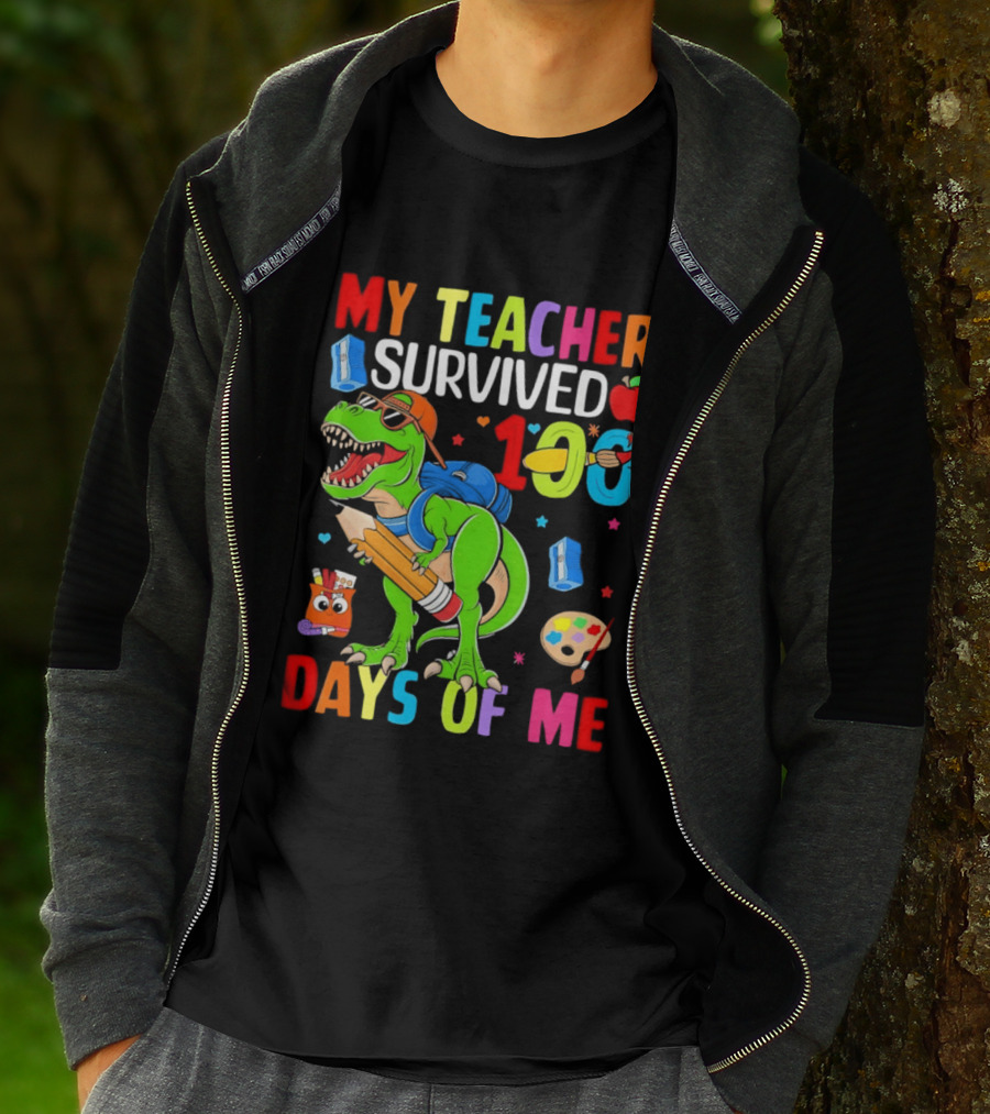 My Teacher Survived 100 Days Of Me Dinosaur With School Supplies And Apple T-Shirt