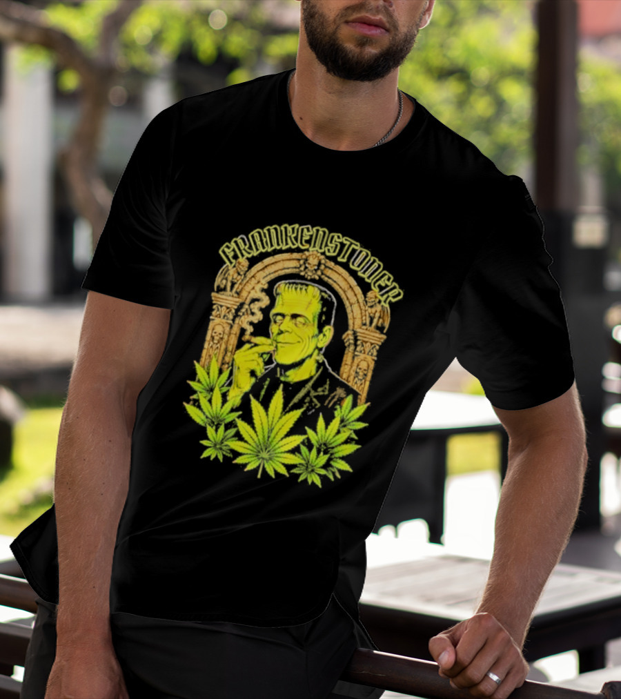 Frankenstoner Frankenstein Marijuana Smoking Arch Skulls T-Shirt