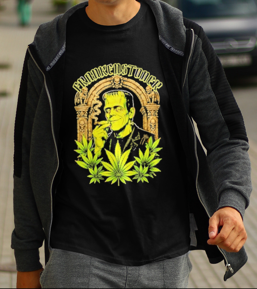 Frankenstoner Frankenstein Marijuana Smoking Arch Skulls T-Shirt