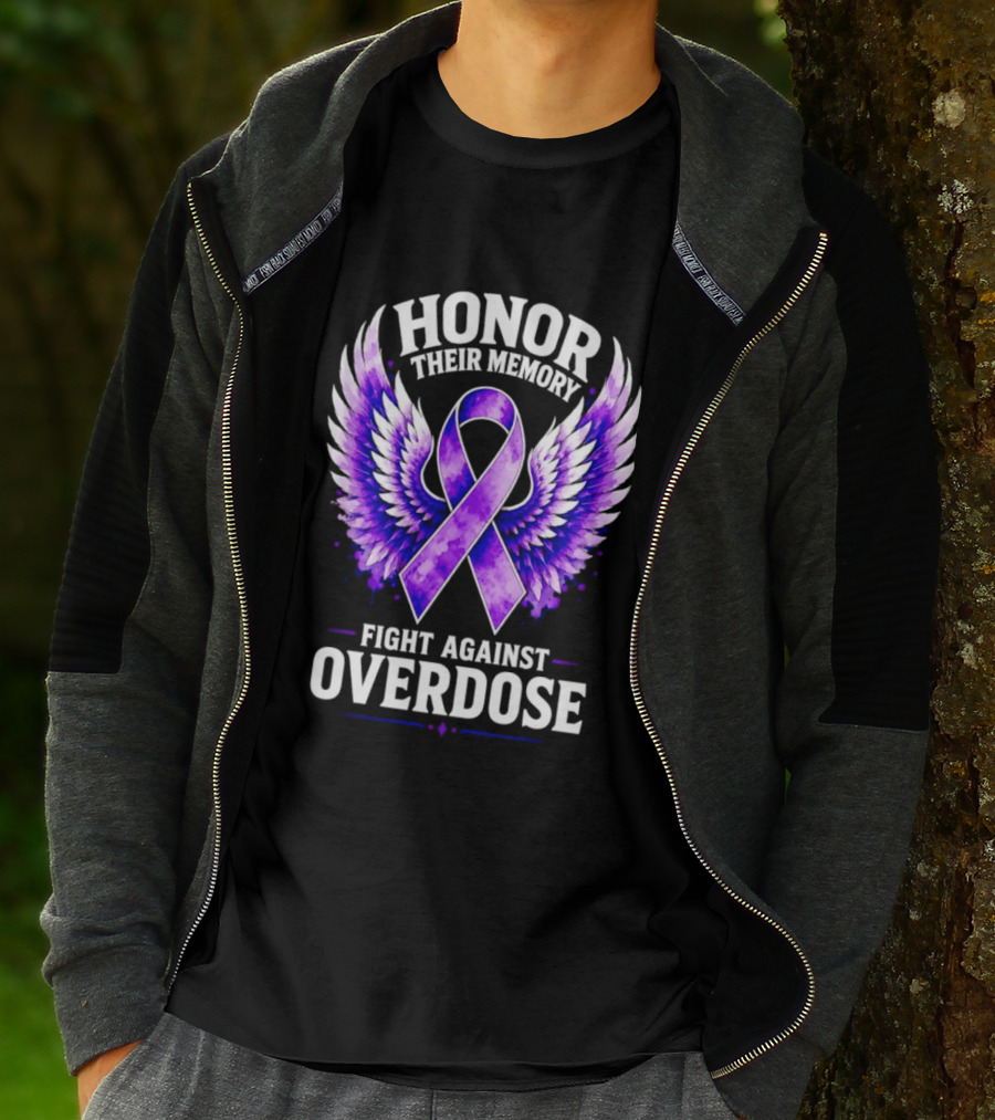 Honor Their Memory Fight Against Overdose Purple Ribbon Wings T-Shirt