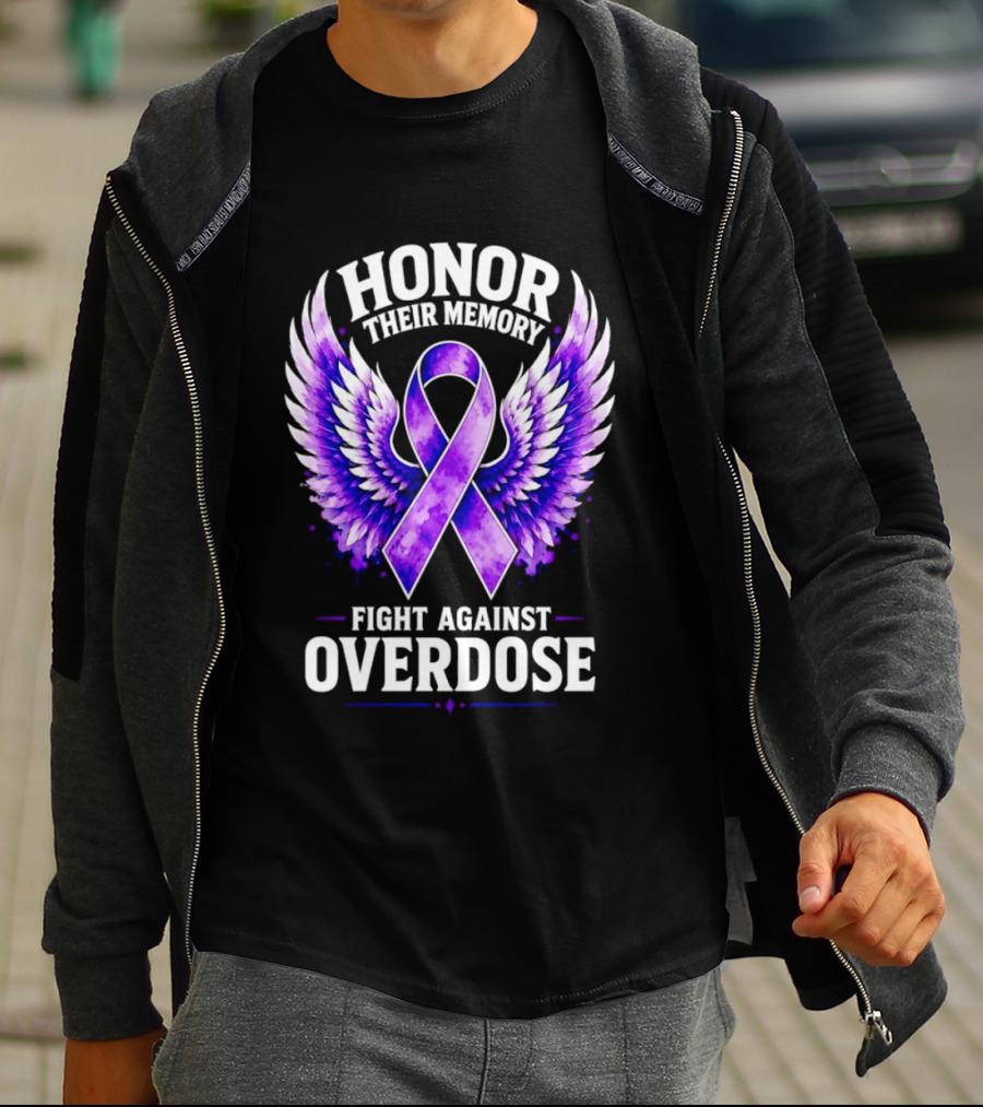 Honor Their Memory Fight Against Overdose Purple Ribbon Wings T-Shirt