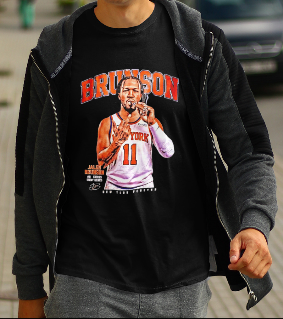 Jalen Brunson Middle Finger New York Knicks NBA Point Guard Brunson 11 Old Yolk Records Knicks T-Shirt
