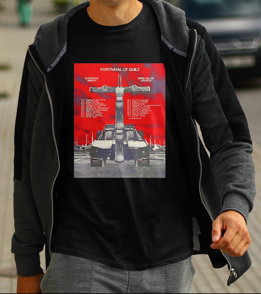 Portrayal Of Guilt Europe UK MMXXVI Spike Hellis Crouch Oathbreaker Tour Dates Tire Tracks Industrial Red T-Shirt