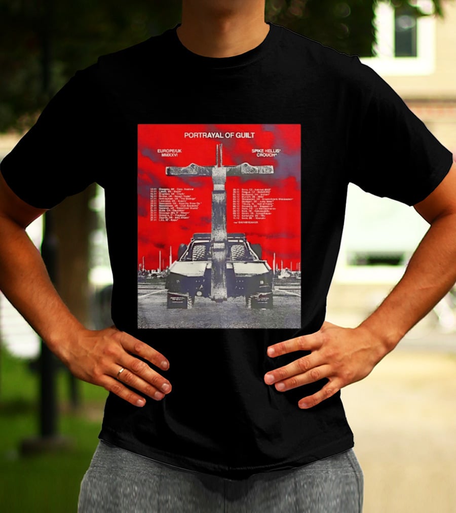 Portrayal Of Guilt Europe UK MMXXVI Spike Hellis Crouch Oathbreaker Tour Dates Tire Tracks Industrial Red T-Shirt