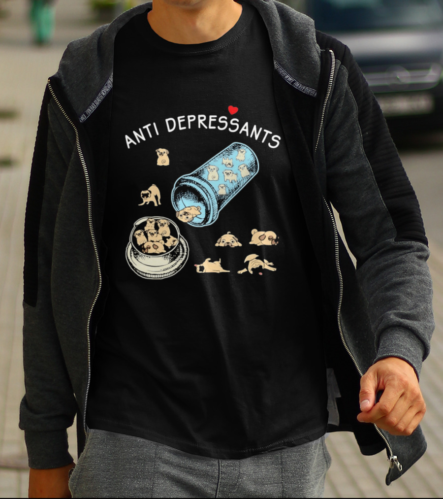 Anti Depressants Pug Puppies In Pill Bottle T-Shirt
