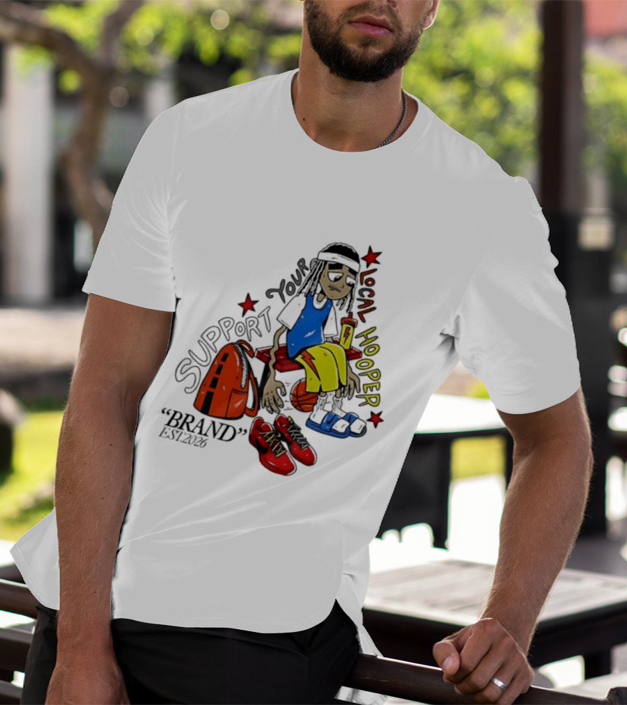 Support Your Local Hooper Cartoon Basketball Player Backpack Red Shoes Brand Est 2026 T-Shirt
