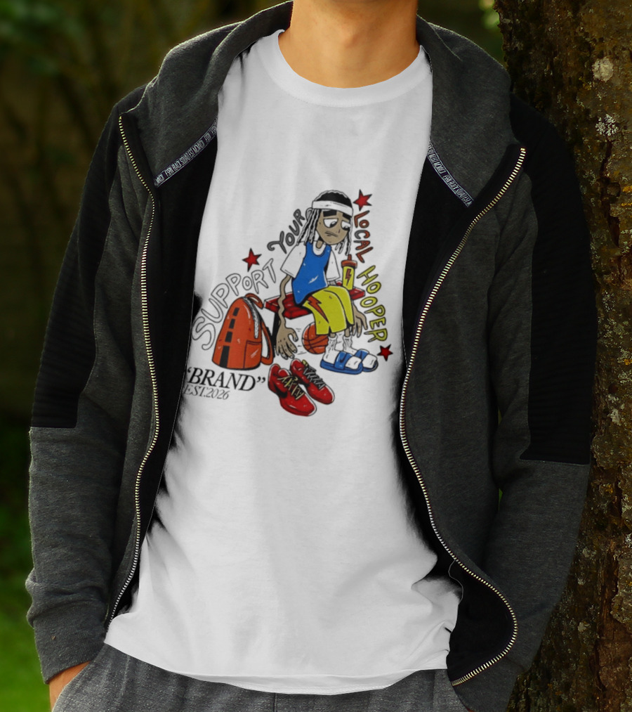 Support Your Local Hooper Cartoon Basketball Player Backpack Red Shoes Brand Est 2026 T-Shirt