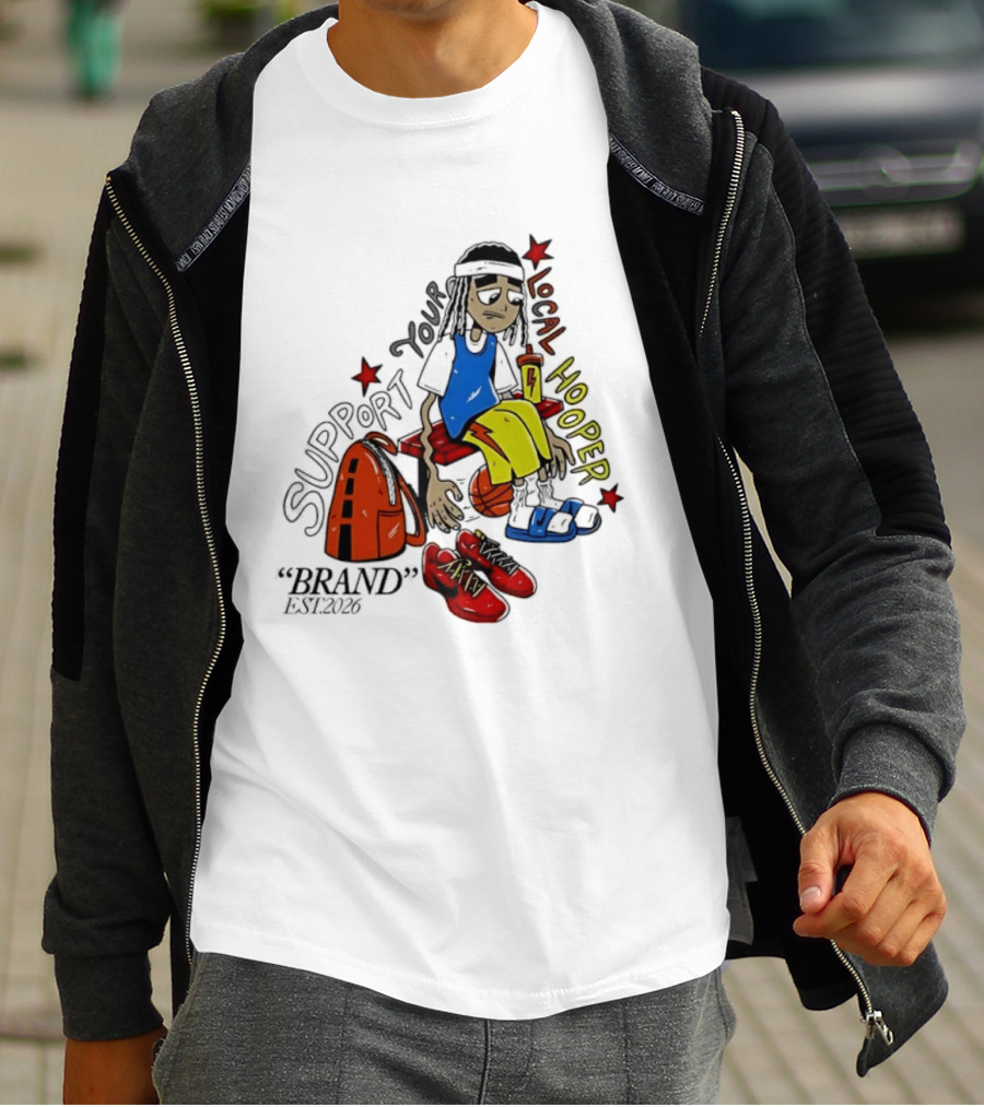 Support Your Local Hooper Cartoon Basketball Player Backpack Red Shoes Brand Est 2026 T-Shirt