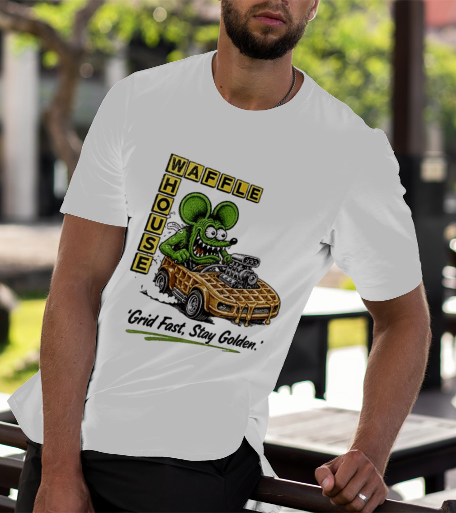Rat Fink Waffle House Grid Fast Stay Golden Car Racer T-Shirt