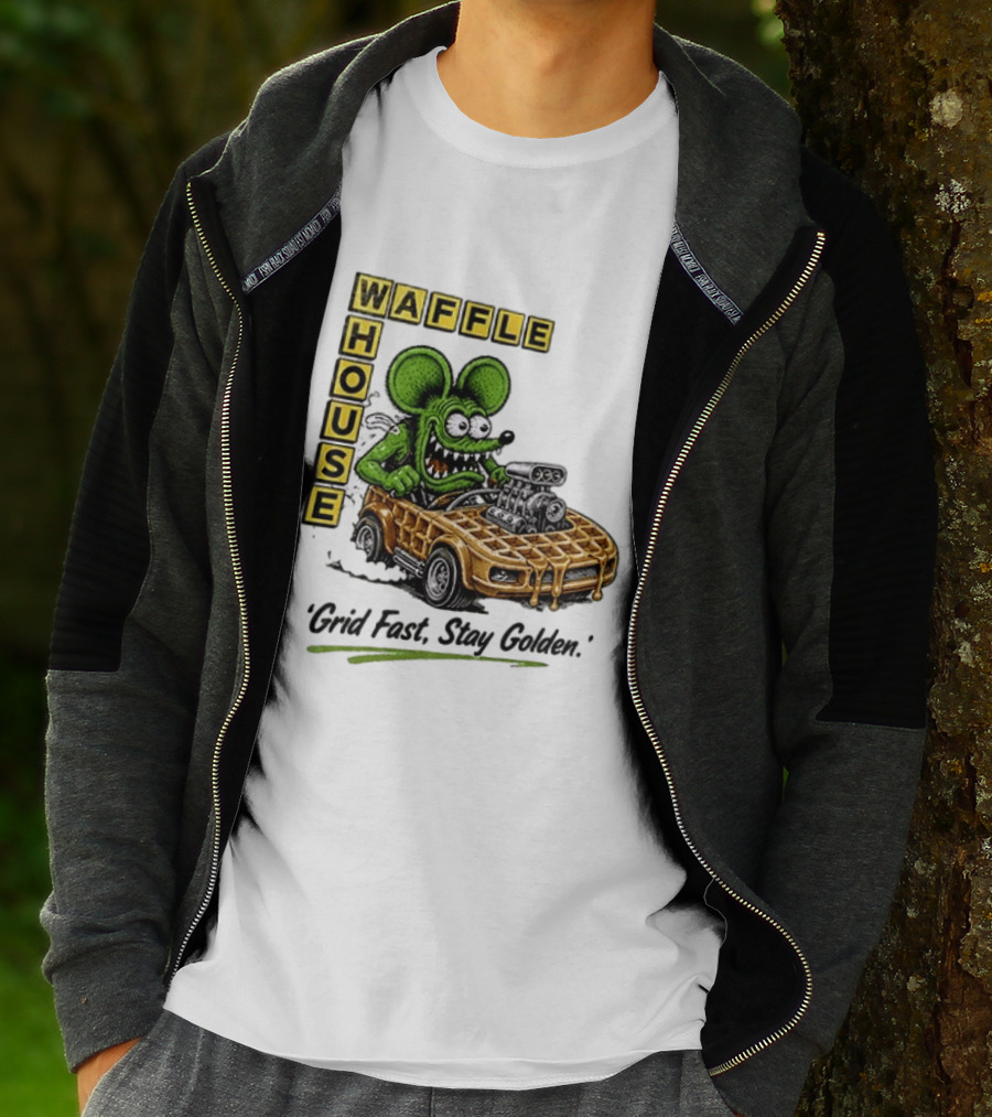 Rat Fink Waffle House Grid Fast Stay Golden Car Racer T-Shirt