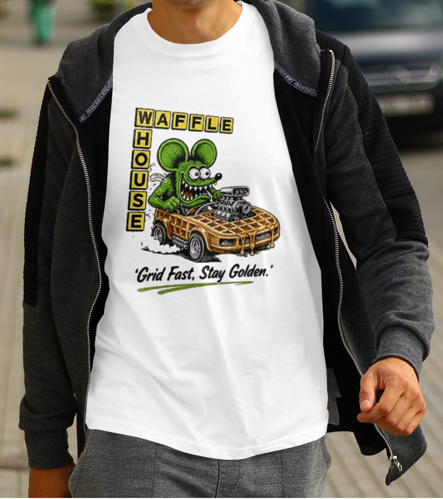 Rat Fink Waffle House Grid Fast Stay Golden Car Racer T-Shirt