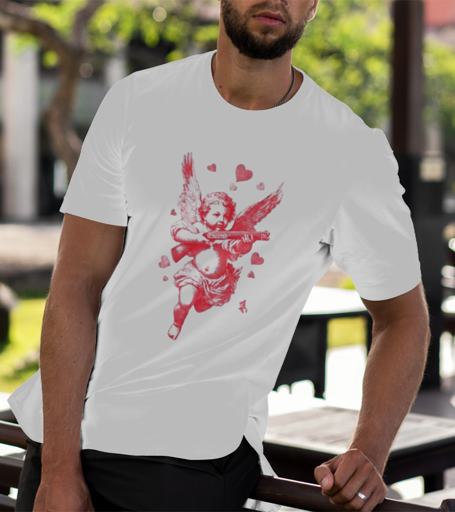 Red Pink Cherub Cupid Shotgun Hearts Clouds T-Shirt