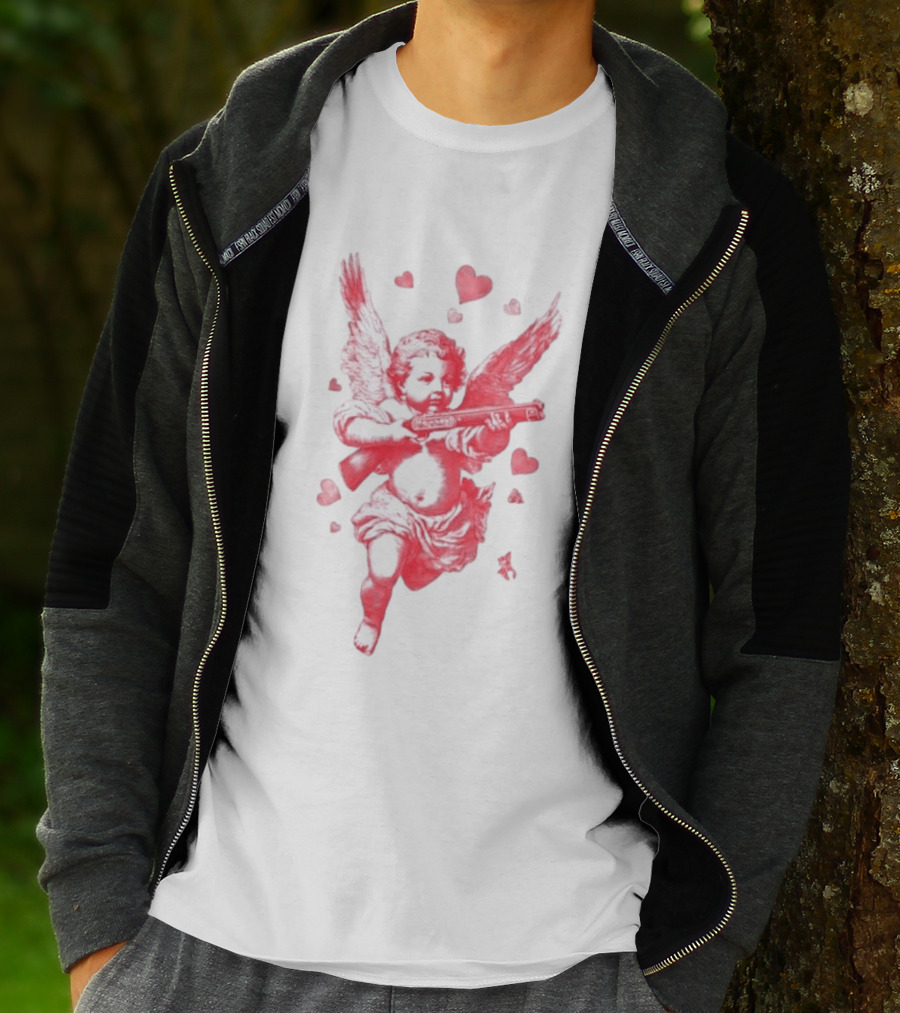 Red Pink Cherub Cupid Shotgun Hearts Clouds T-Shirt