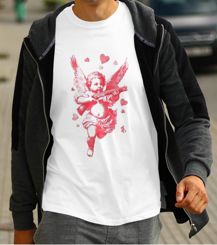 Red Pink Cherub Cupid Shotgun Hearts Clouds T-Shirt