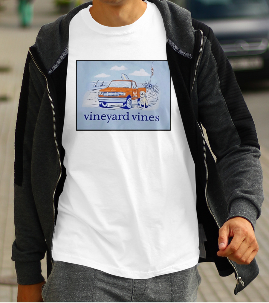 Vineyard Vines Beach Dog And Surf Truck Scene With Golden Retriever T-Shirt