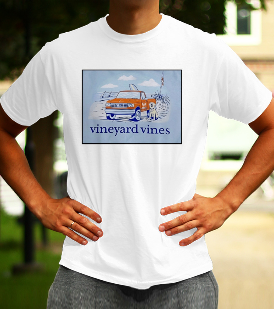 Vineyard Vines Beach Dog And Surf Truck Scene With Golden Retriever T-Shirt