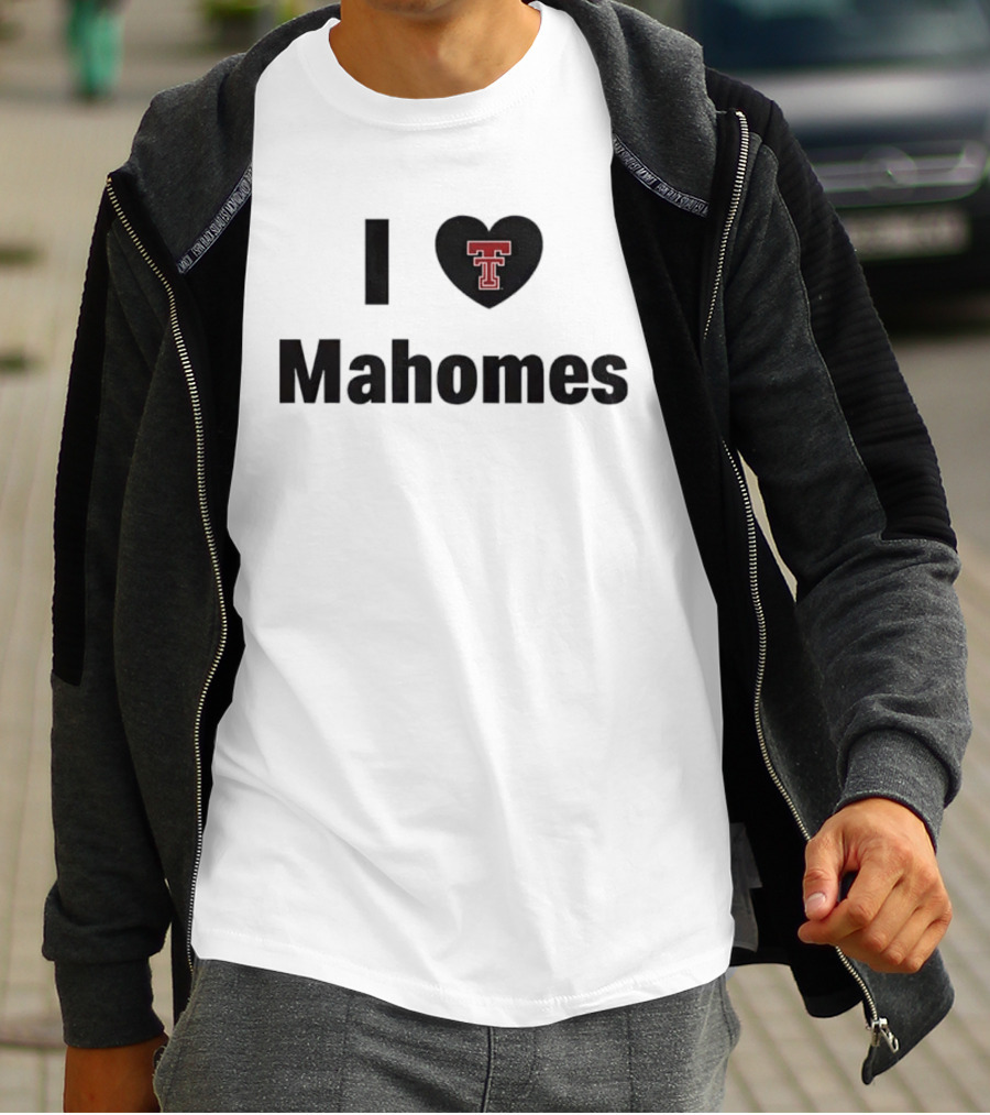 Texas Tech Red Raiders I Love Mahomes Double Heart Black T-Shirt