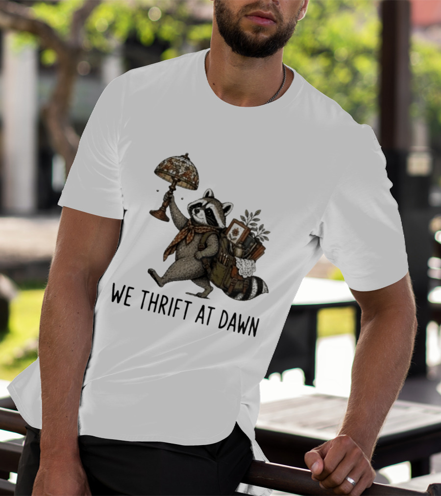 Raccoon With Backpack And Lamp We Thrift At Dawn T-Shirt