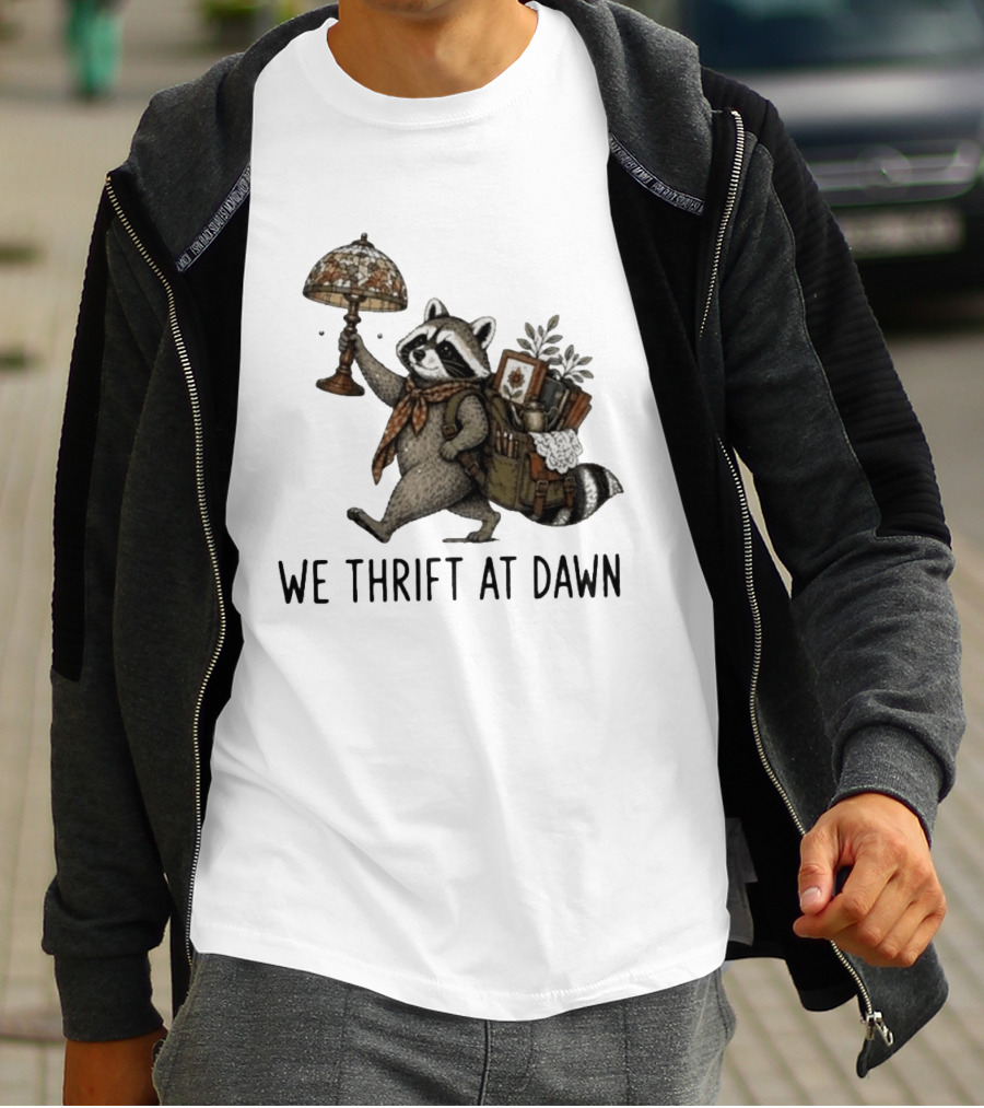Raccoon With Backpack And Lamp We Thrift At Dawn T-Shirt