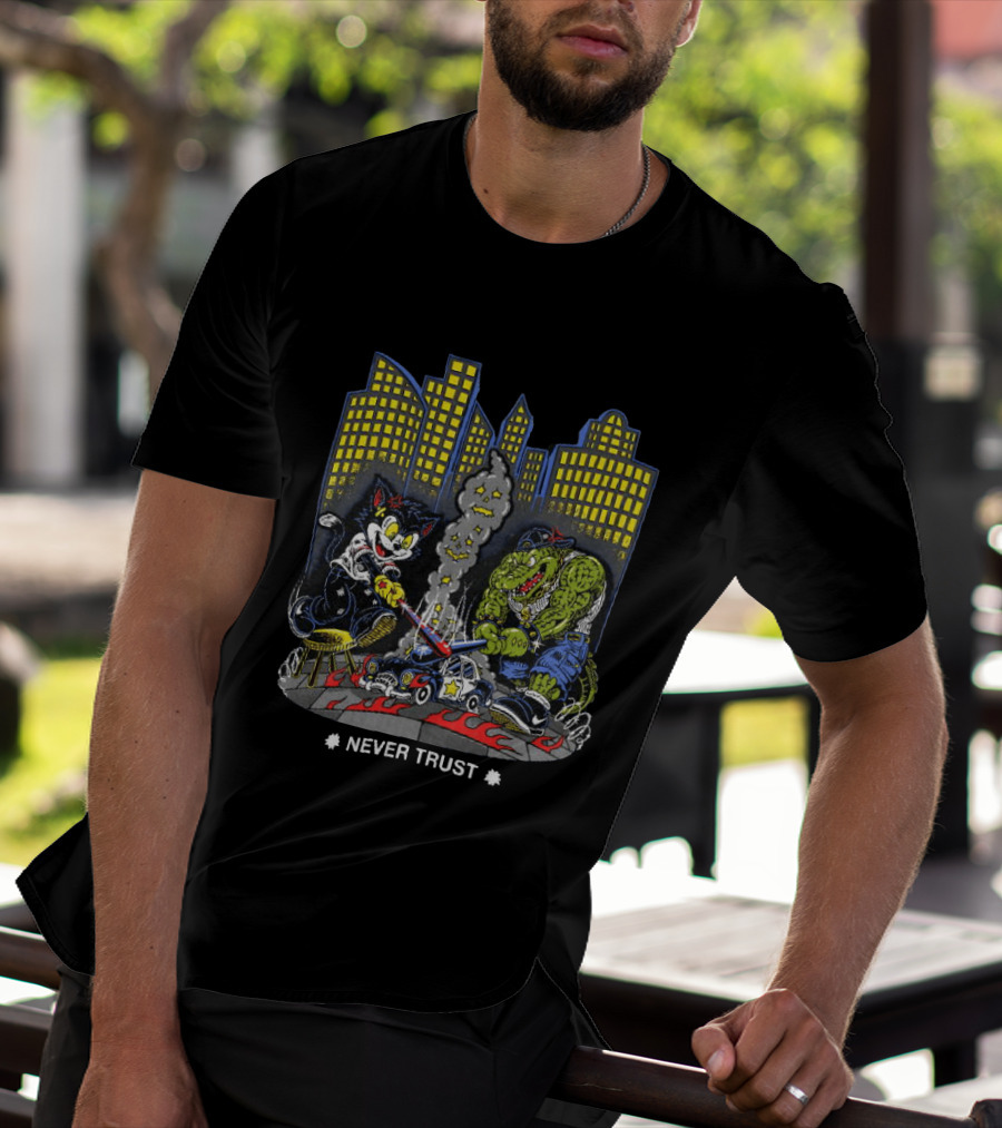 Cat And Crocodile In City Never Trust Police Car Cartoon Scene T-Shirt