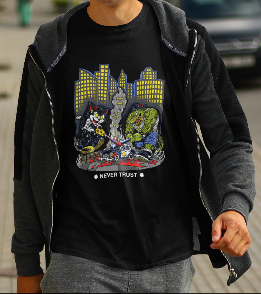 Cat And Crocodile In City Never Trust Police Car Cartoon Scene T-Shirt