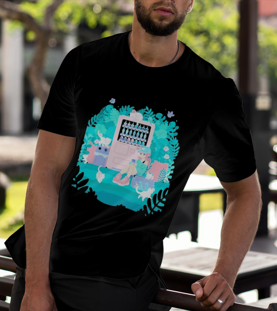 Cat Vending Machine Pastel Aesthetic With Sitting Girl And Cats T-Shirt