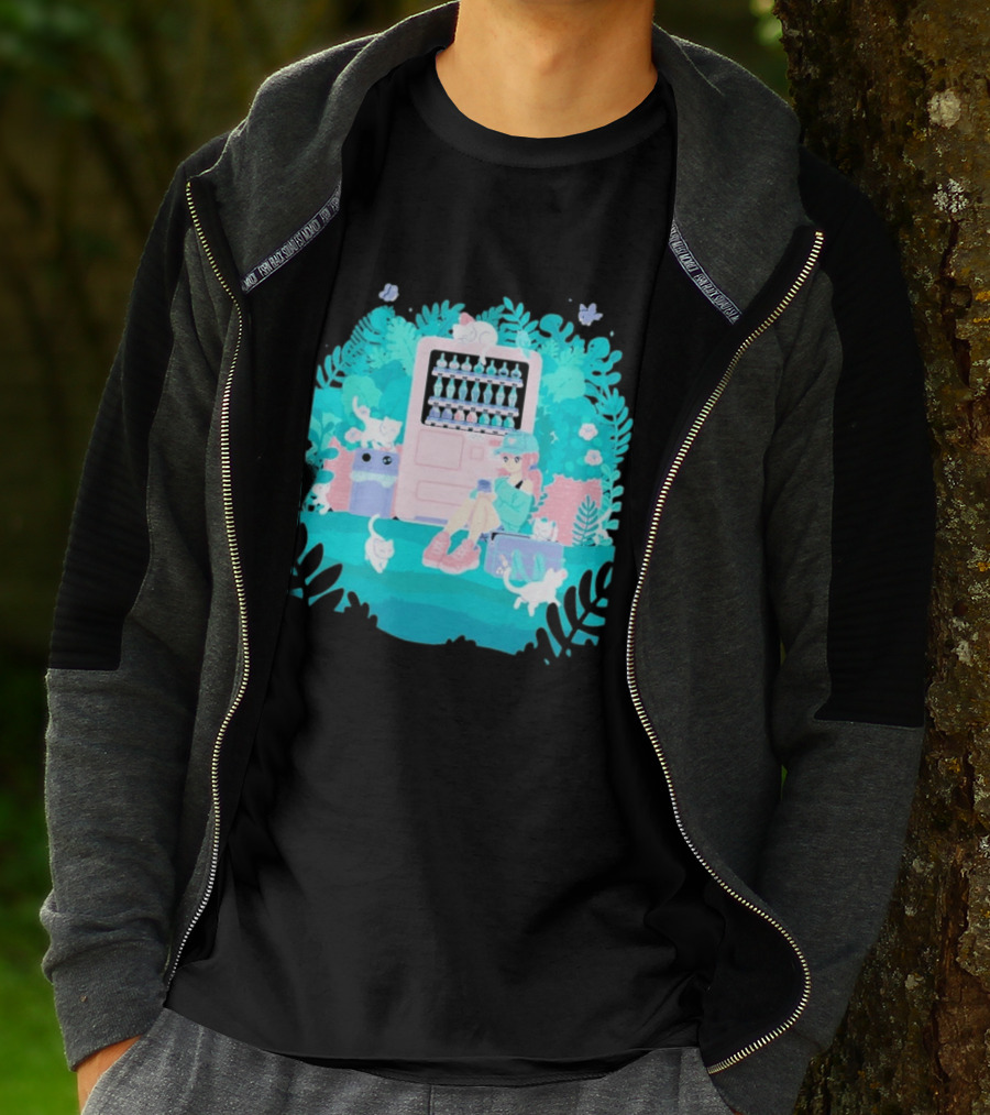 Cat Vending Machine Pastel Aesthetic With Sitting Girl And Cats T-Shirt