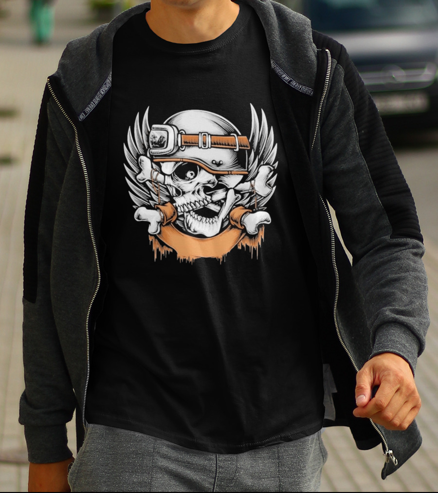 Skull With Helmet Winged Bones Biker Motif T-Shirt