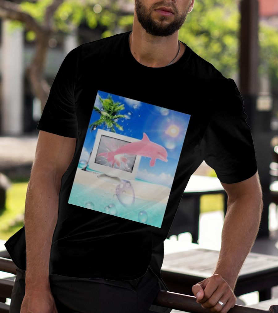 Frutiger Aero Y2k Vaporwave Palm Tree Pink Dolphin Cyberpunk Aesthetic T-Shirt