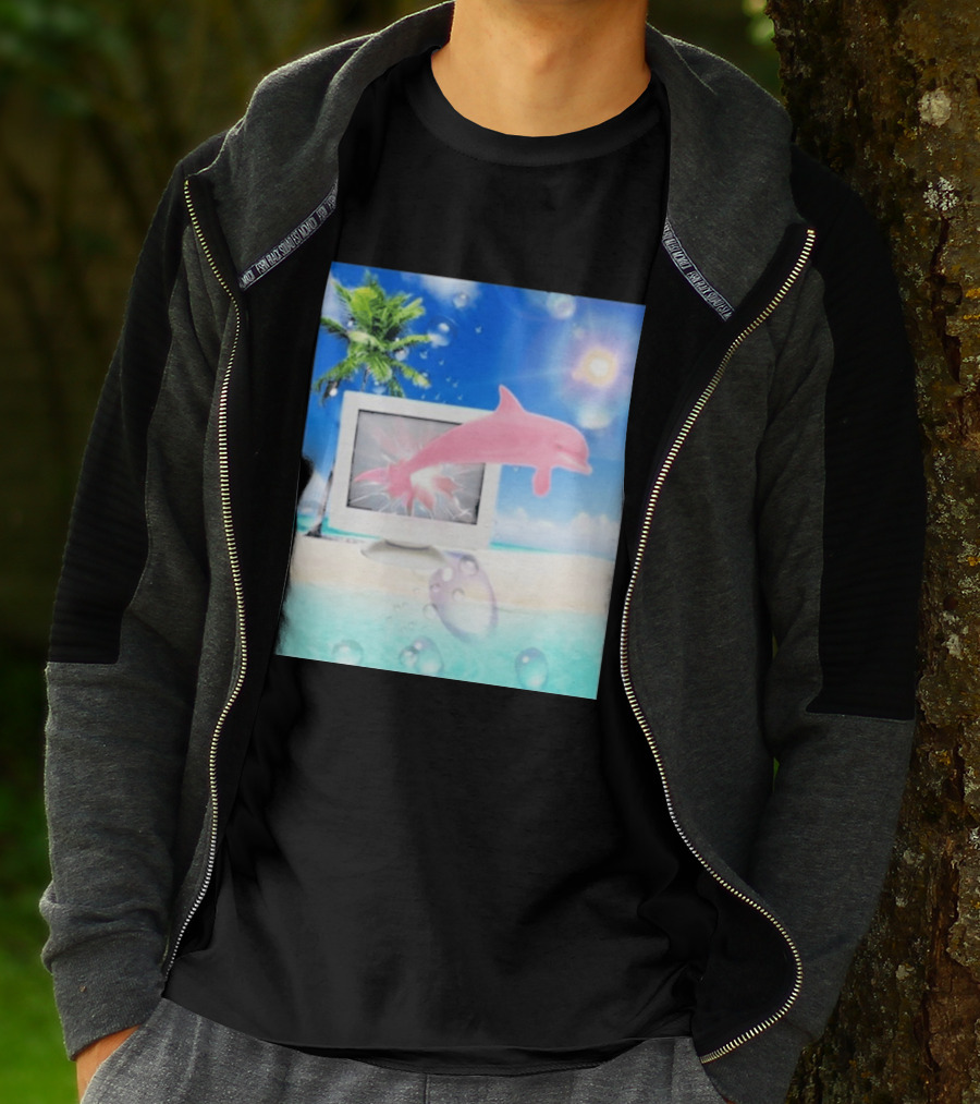 Frutiger Aero Y2k Vaporwave Palm Tree Pink Dolphin Cyberpunk Aesthetic T-Shirt