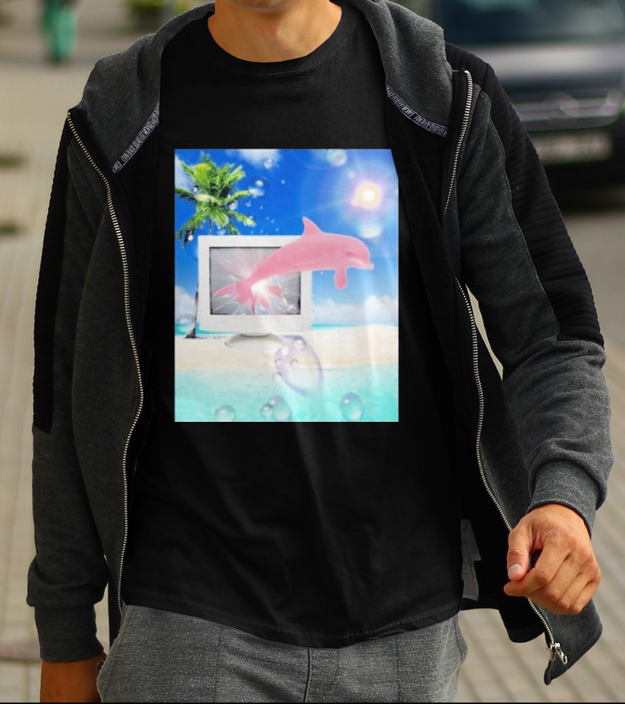Frutiger Aero Y2k Vaporwave Palm Tree Pink Dolphin Cyberpunk Aesthetic T-Shirt