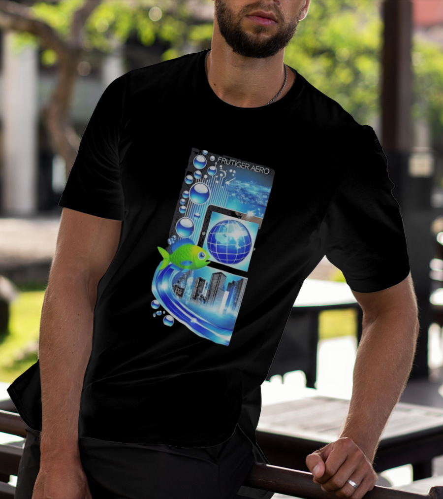 Frutiger Aero Y2K Global Tech Cityscape With Digital Fish And Blue T-Shirt